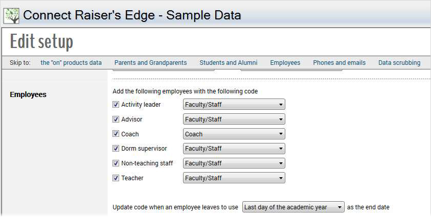 Sample data for the Employees step in Edit Setup